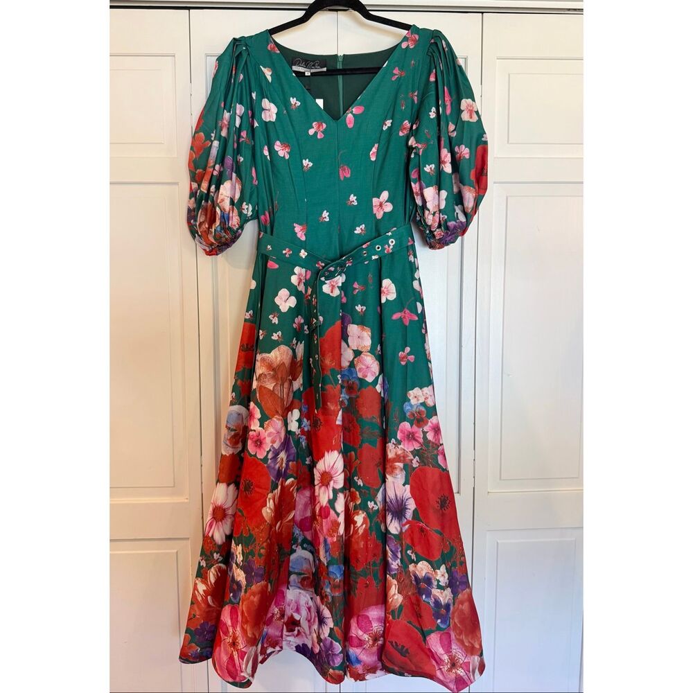 Dahlia Macphee NWT cascading floral green puff sleeve dress M - Picture 3 of 11